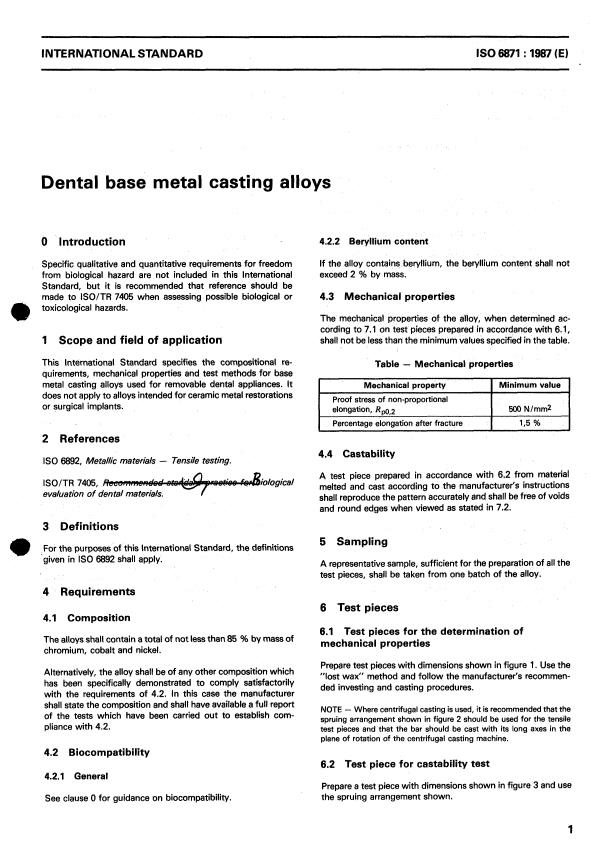 ISO 6871:1987 - Dental base metal casting alloys