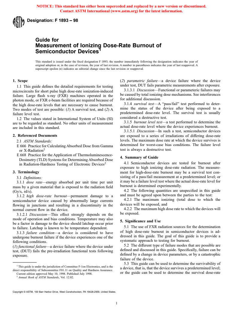 ASTM F1893-98 - Guide for Measurement of Ionizing Dose-Rate Burnout of Semiconductor Devices