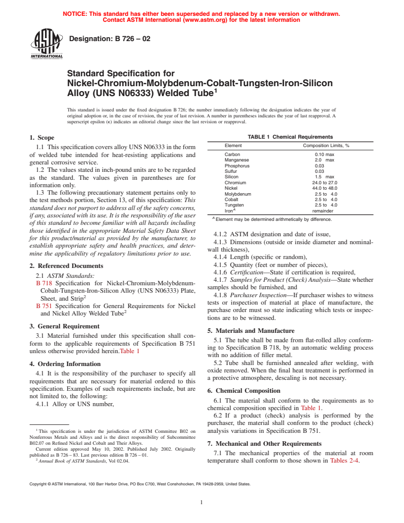 ASTM B726-02 - Standard Specification for Nickel-Chromium-Molybdenum-Cobalt-Tungsten-Iron-Silicon  Alloy (UNS N06333)     Welded Tube