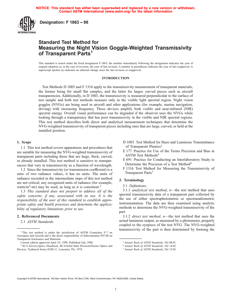 ASTM F1863-98 - Standard Test Method for Measuring the Night Vision Goggle-Weighted Transmisivity of Transparent Parts