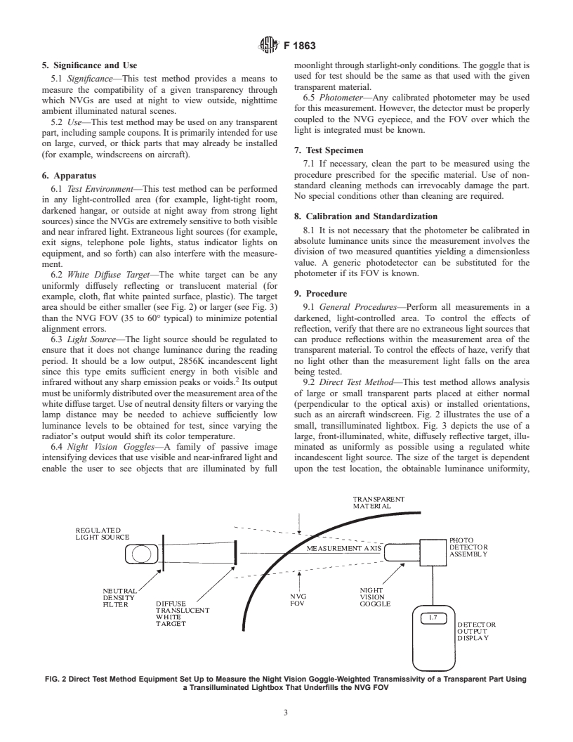 ASTM F1863-98 - Standard Test Method for Measuring the Night Vision Goggle-Weighted Transmisivity of Transparent Parts