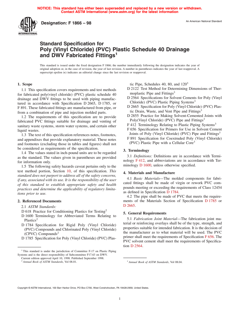 ASTM F1866-98 - Standard Specification for Poly  (Vinyl Chloride ) (PVC) Plastic Schedule 40 Drainage and DWV Fabricated Fittings