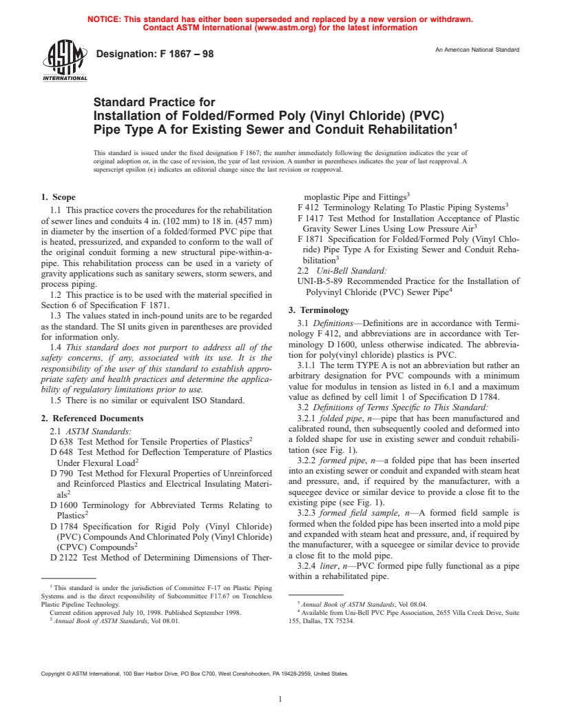 ASTM F1867-98 - Standard Practice for Installation of Folded/Formed Poly (Vinyl Chloride) (PVC) Pipe Type A for Existing Sewer and Conduit Rehabilitation