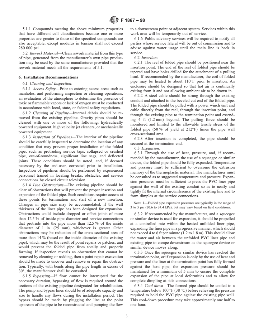 ASTM F1867-98 - Standard Practice for Installation of Folded/Formed Poly (Vinyl Chloride) (PVC) Pipe Type A for Existing Sewer and Conduit Rehabilitation