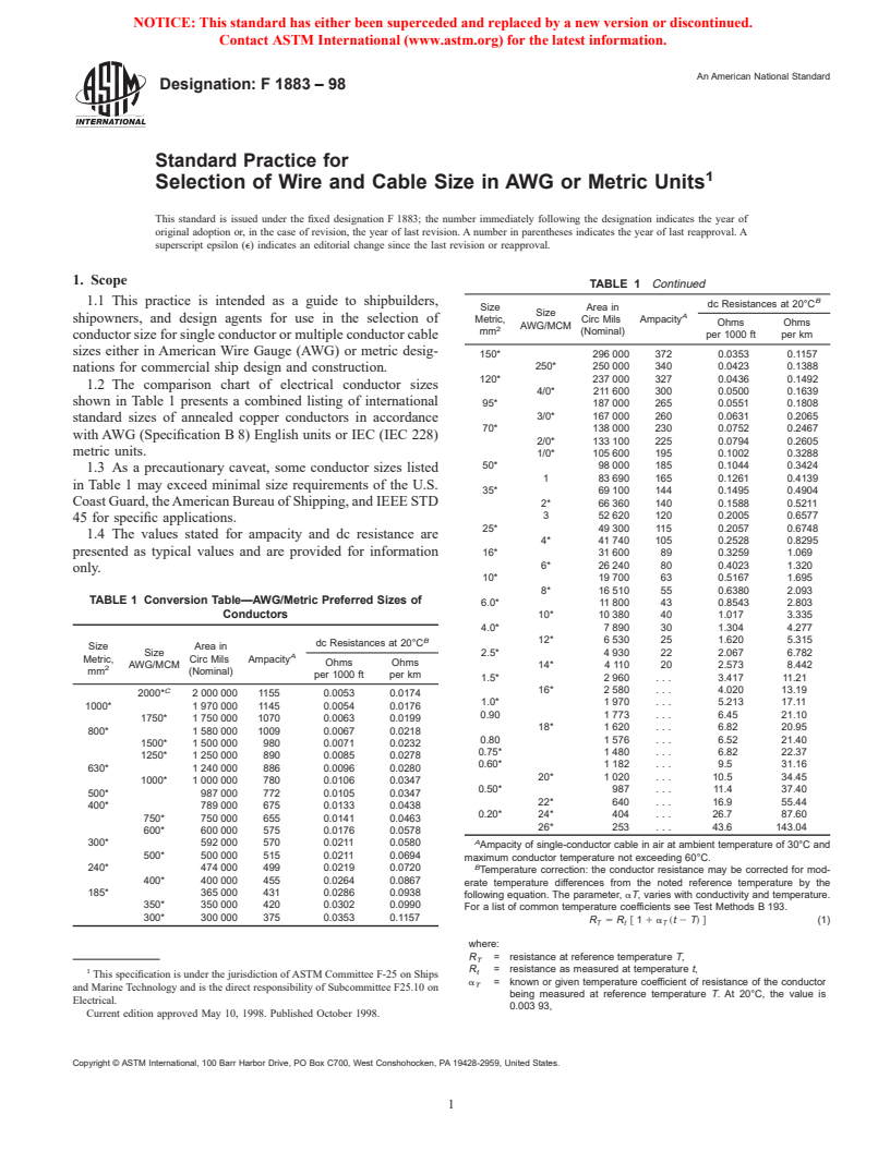 ASTM F1883-98 - Standard Practice for Selection of Wire and Cable Size in AWG or Metric Units