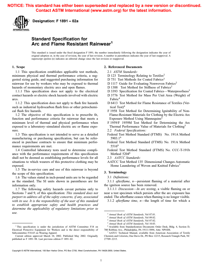 ASTM F1891-02a - Standard Specification for Arc and Flame Resistant Rainwear