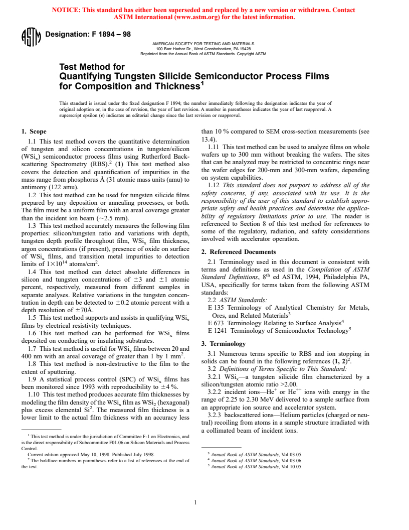 ASTM F1894-98 - Test Method for Quantifying Tungsten Silicide Semiconductor Process Films for Composition and Thickness