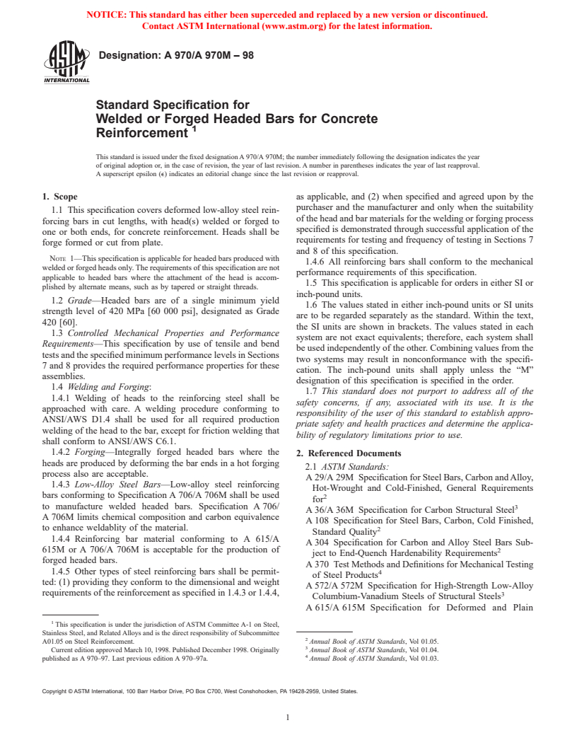 ASTM A970/A970M-98 - Standard Specification for Welded or Forged Headed Bars for Concrete Reinforcement