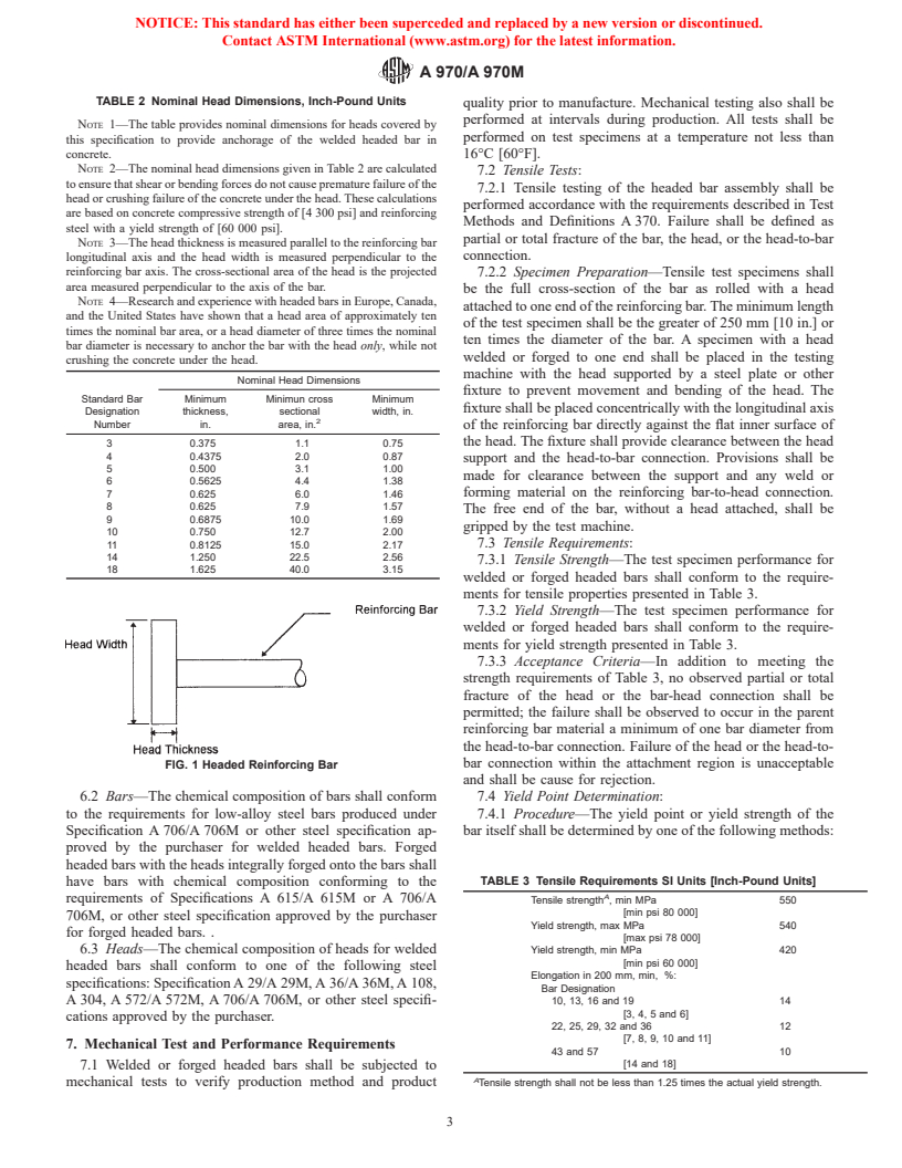 ASTM A970/A970M-98 - Standard Specification for Welded or Forged Headed Bars for Concrete Reinforcement