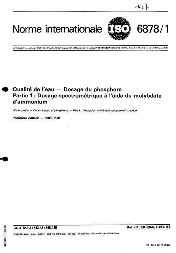 ISO 6878-1:1986 - Qualité de l'eau -- Dosage du phosphore