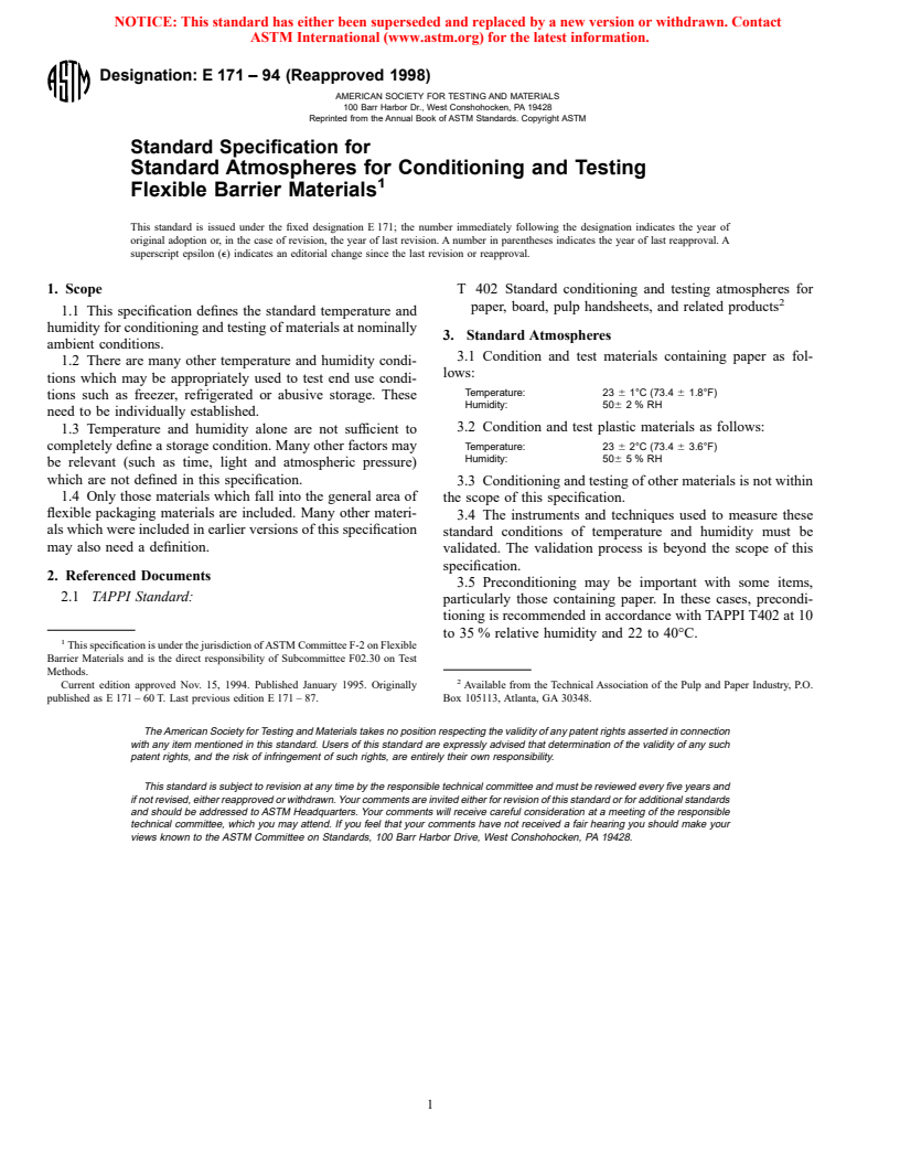 ASTM E171-94(1998) - Standard Specification for Standard Atmospheres for Conditioning and Testing Flexible Barrier Materials