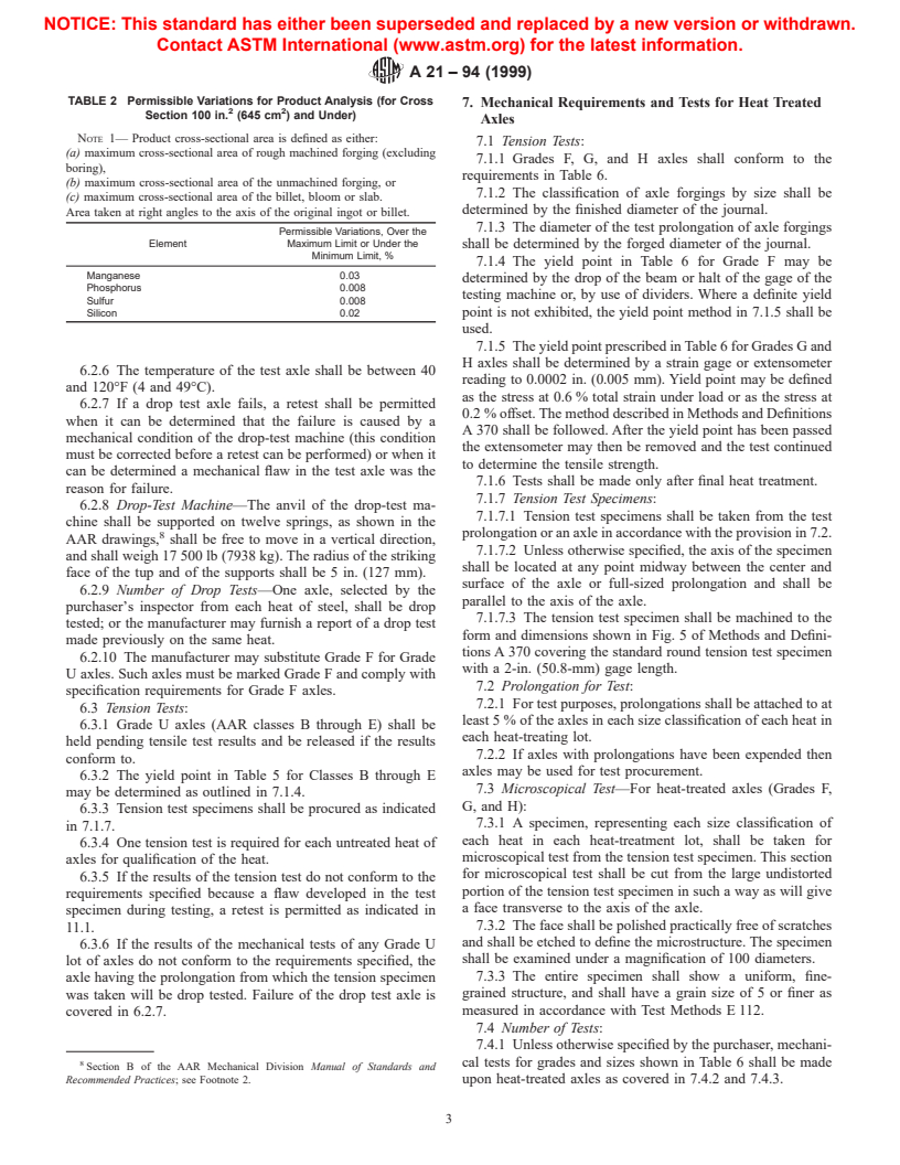 ASTM A21-94(1999) - Standard Specification for Carbon Steel Axles, Non-Heat-Treated and Heat-Treated, for Railway Use (Withdrawn 2003)