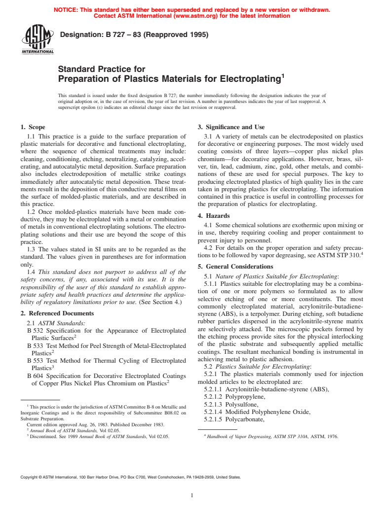 ASTM B727-83(1995) - Standard Practice for Preparation of Plastics Materials for Electroplating (Withdrawn 2004)