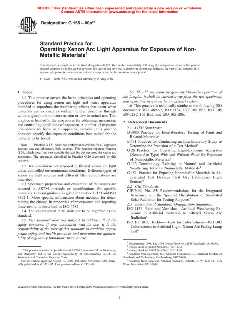 ASTM G155-00ae1 - Standard Practice for Operating Xenon Arc Light Apparatus for Exposure of Non-Metallic Materials