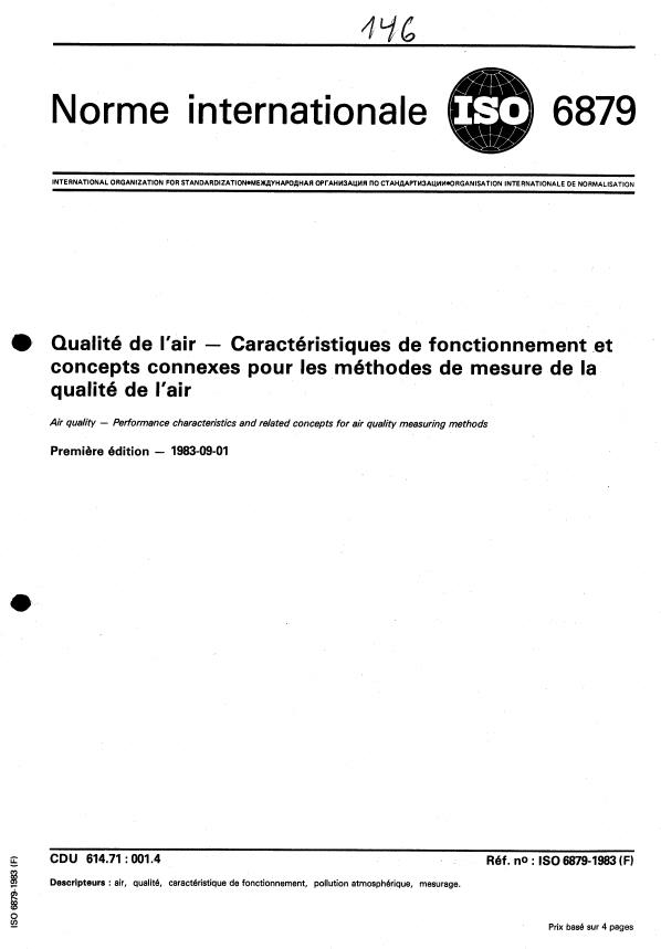 ISO 6879:1983 - Qualité de l'air -- Caractéristiques de fonctionnement et concepts connexes pour les méthodes de mesure de la qualité de l'air