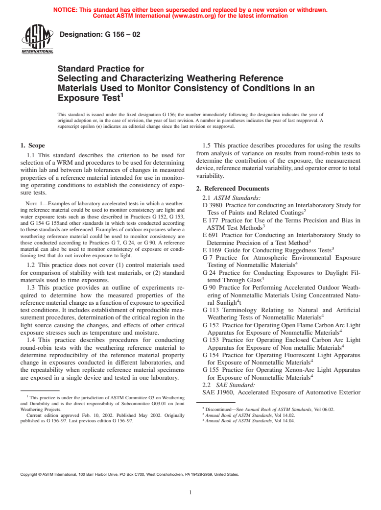 ASTM G156-02 - Standard Practice for Selecting and Characterizing Weathering Reference Materials Used to Monitor Consistency of Conditions in an Exposure Test