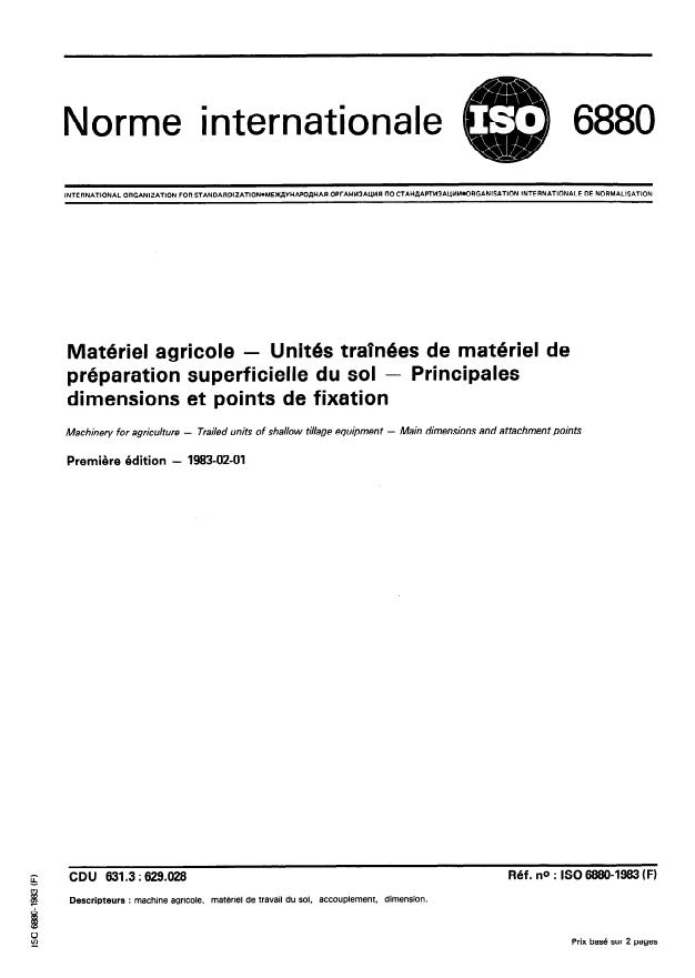 ISO 6880:1983 - Matériel agricole -- Unités traînées de matériel de préparation superficielle du sol -- Principales dimensions et points de fixation