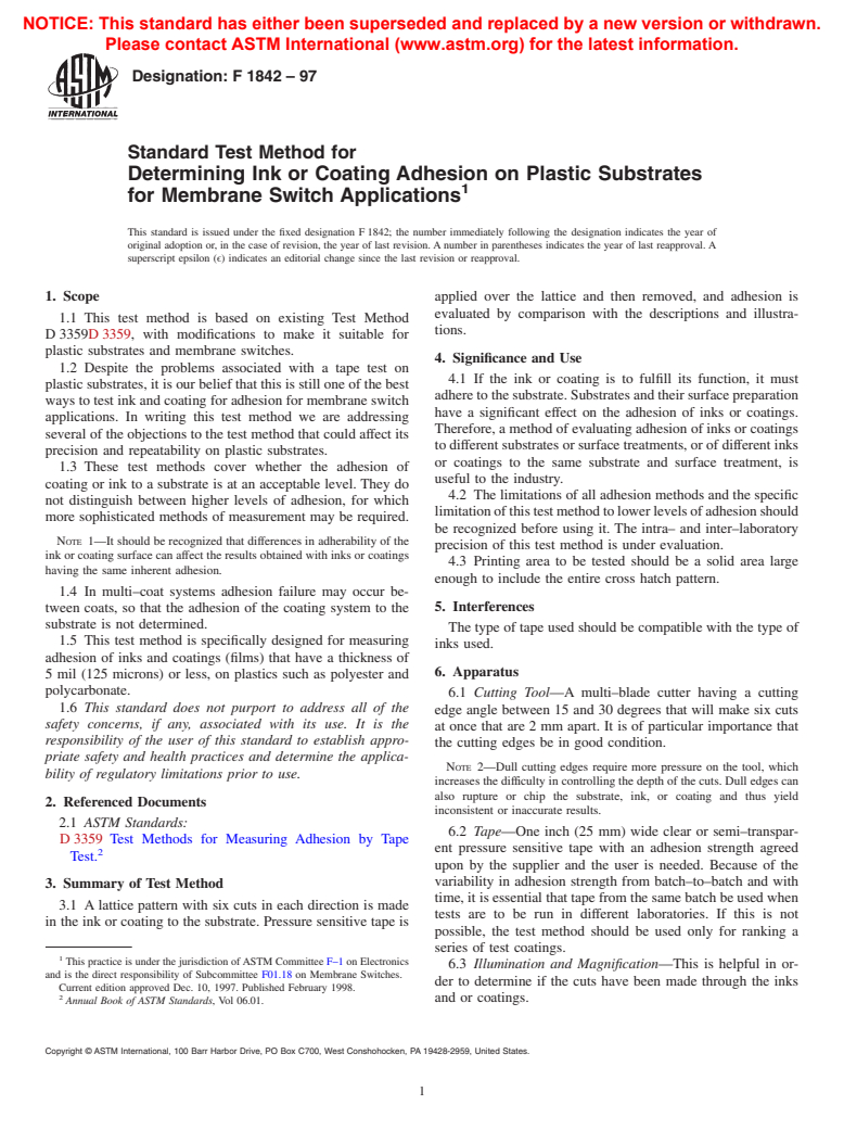 ASTM F1842-97 - Standard Test Method for Determining Ink or Coating Adhesion on Plastic Substrates for Membrane Switch Applications