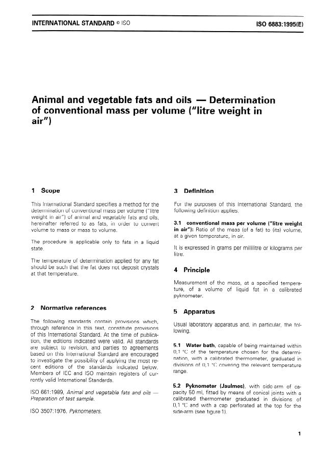 ISO 6883:1995 - Animal and vegetable fats and oils -- Determination of conventional mass per volume ("litre weight in air")