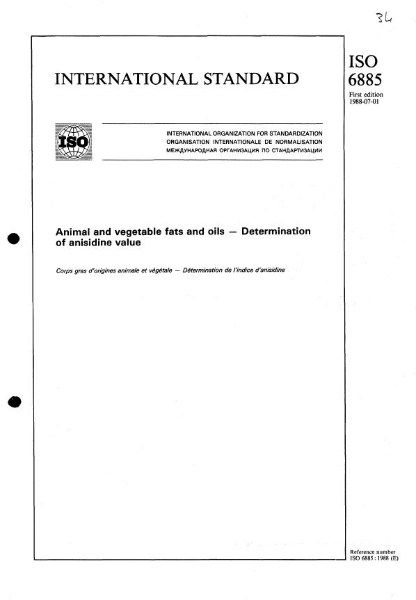 ISO 6885:1988 - Animal and vegetable fats and oils -- Determination of anisidine value