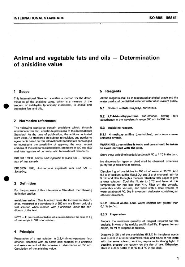 ISO 6885:1988 - Animal and vegetable fats and oils -- Determination of anisidine value