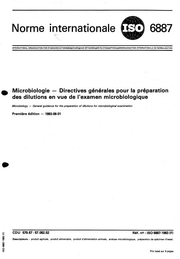 ISO 6887:1983 - Microbiologie -- Directives générales pour la préparation des dilutions en vue de l'examen microbiologique