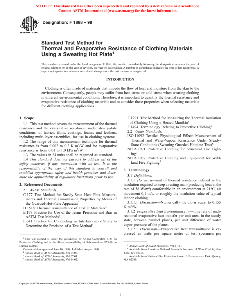 ASTM F1868-98 - Standard Test Method for Thermal and Evaporative Resistance of Clothing Materials Using a Sweating Hot Plate