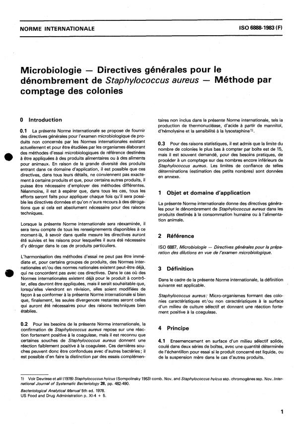 ISO 6888:1983 - Microbiologie -- Directives générales pour le dénombrement de Staphylococcus aureus -- Méthode par comptage des colonies
