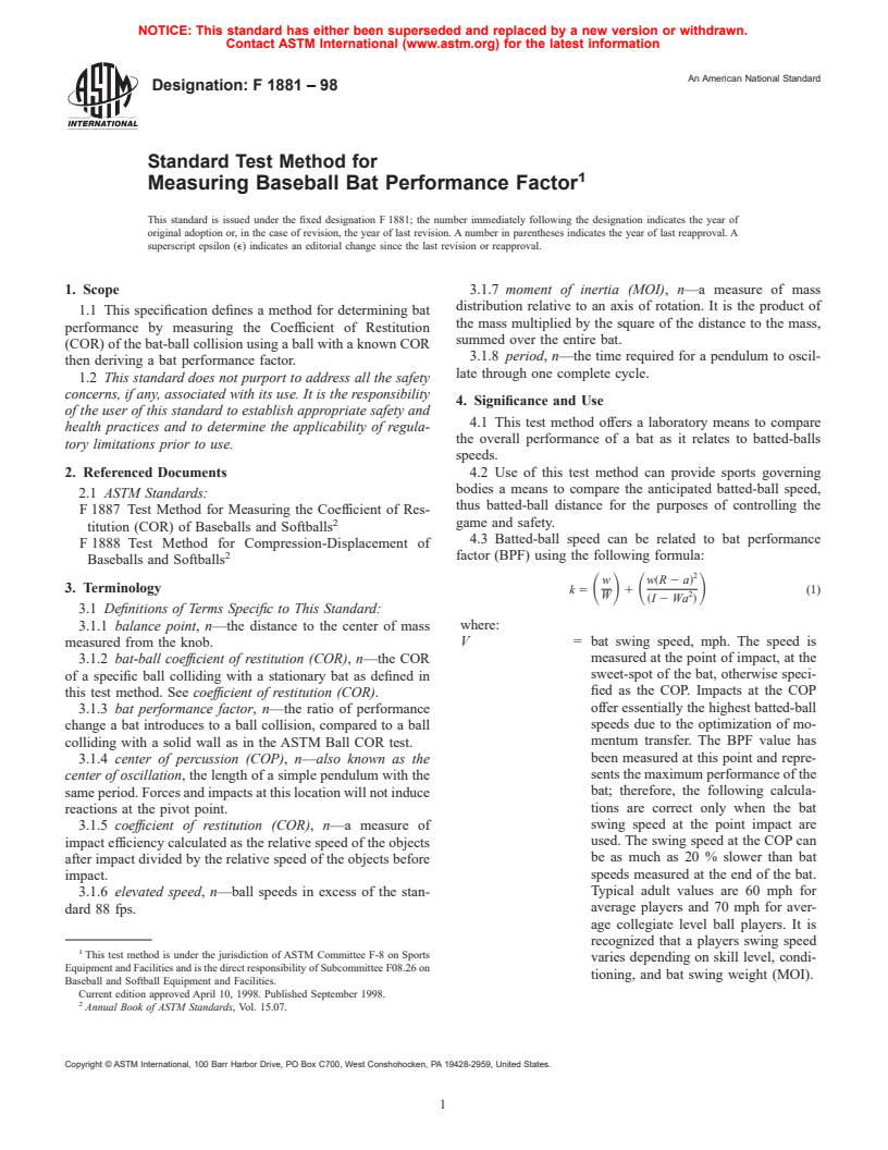 ASTM F1881-98 - Standard Test Method for Measuring Baseball Bat Performance Factor