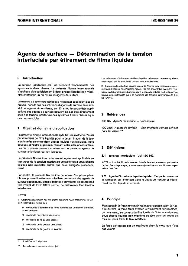 ISO 6889:1986 - Agents de surface -- Détermination de la tension interfaciale par étirement de films liquides