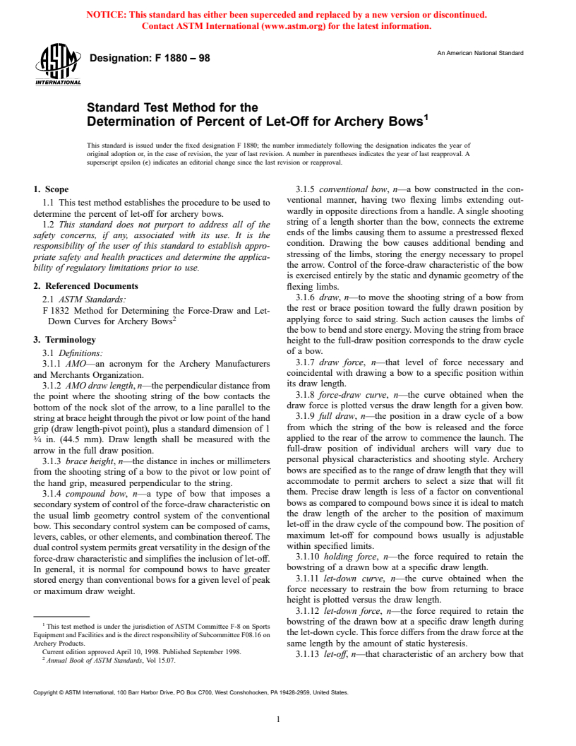 ASTM F1880-98 - Standard Test Method for the Determination of Percent of Let-Off for Archery Bows