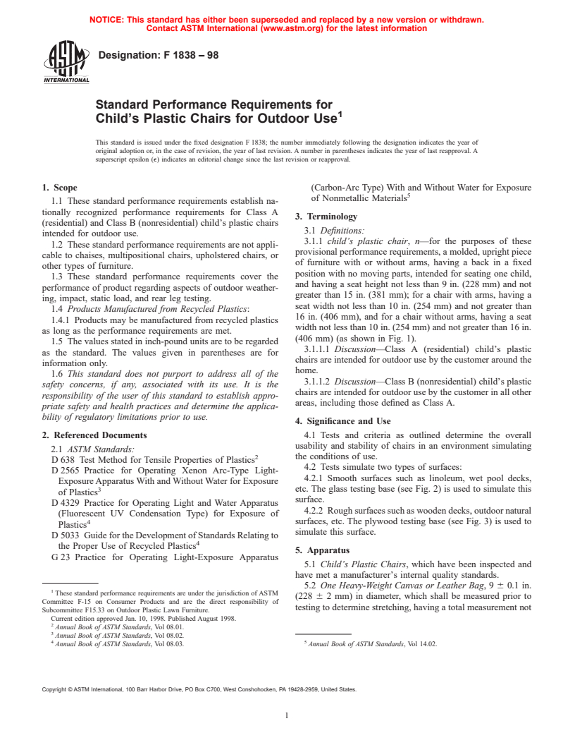 ASTM F1838-98 - Standard Performance Requirements for Child's Plastic Chairs for Outdoor Use