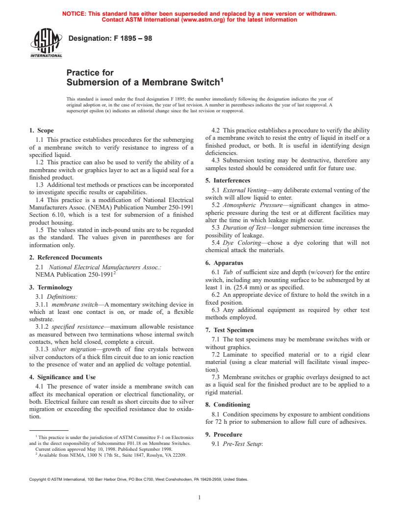 ASTM F1895-98 - Practice for Submersion of a Membrane Switch