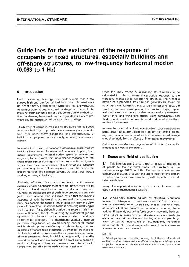 ISO 6897:1984 - Guidelines for the evaluation of the response of occupants of fixed structures, especially buildings and off-shore structures, to low-frequency horizontal motion (0,063 to 1 Hz)