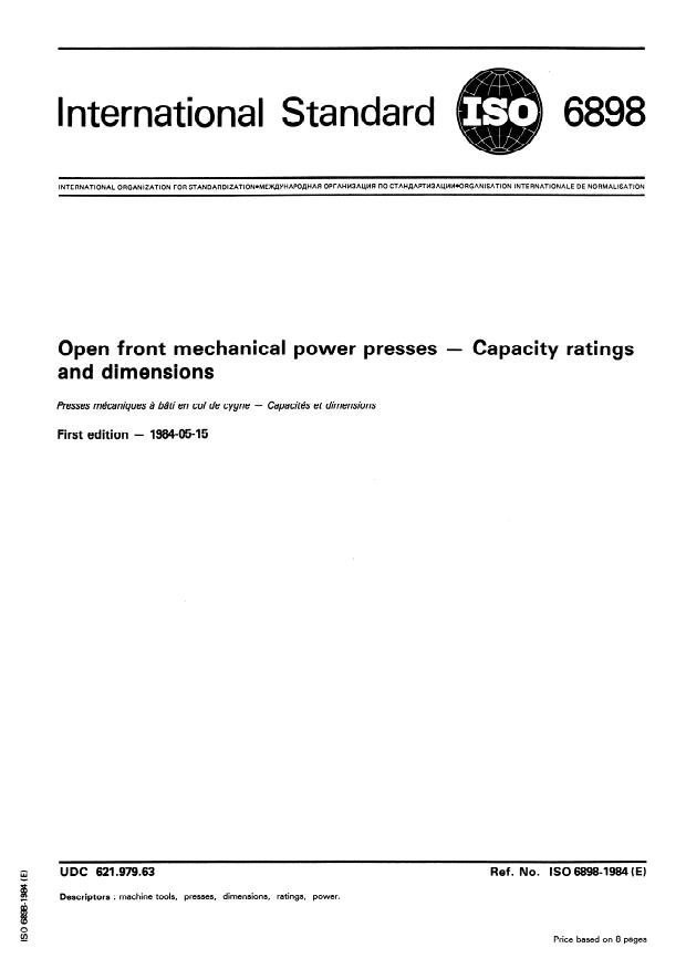 ISO 6898:1984 - Open front mechanical power presses -- Capacity ratings and dimensions