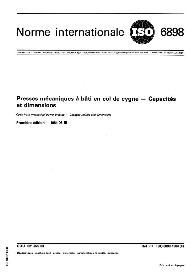 ISO 6898:1984 - Presses mécaniques a bâti en col de cygne -- Capacités et dimensions