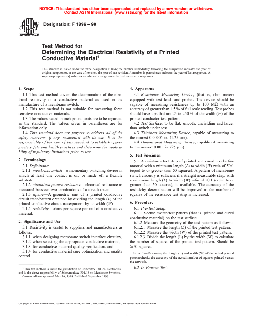 ASTM F1896-98 - Test Method for Determining the Electrical Resistivity of a Printed Conductive Material