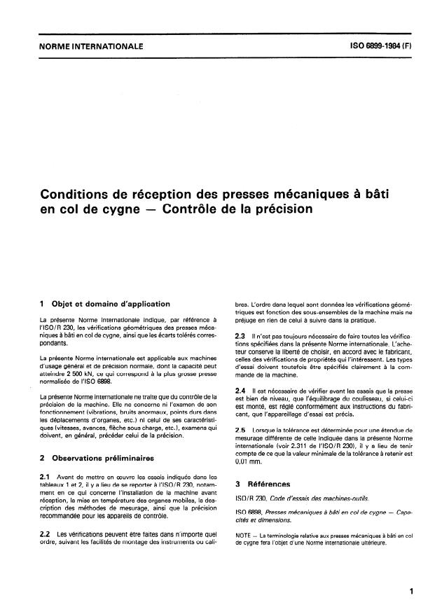 ISO 6899:1984 - Conditions de réception des presses mécaniques a bâti en col de cygne -- Contrôle de la précision