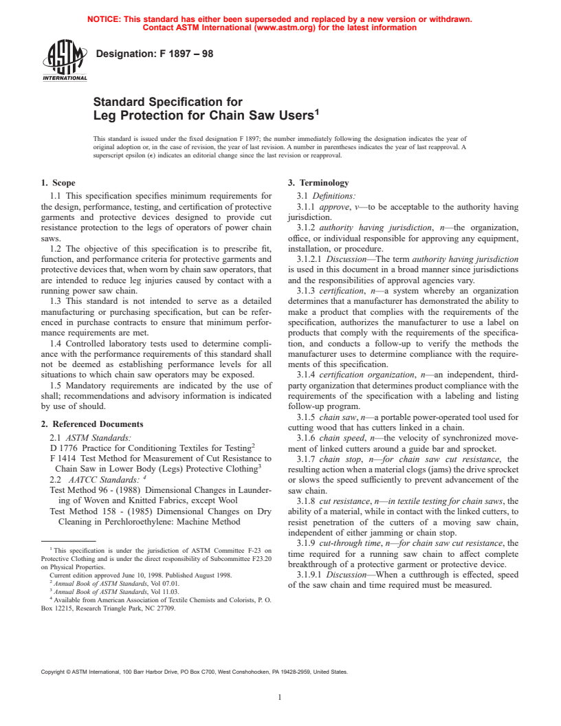 ASTM F1897-98 - Standard Specification for Leg Protection for Chain Saw Users