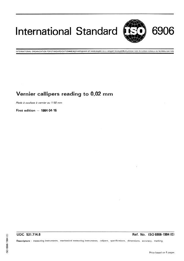 ISO 6906:1984 - Vernier callipers reading to 0,02 mm