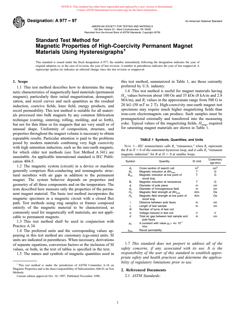 ASTM A977-97 - Standard Test Method for Magnetic Properties of High-Coercivity Permanent Magnet Materials Using Hysteresigraphs