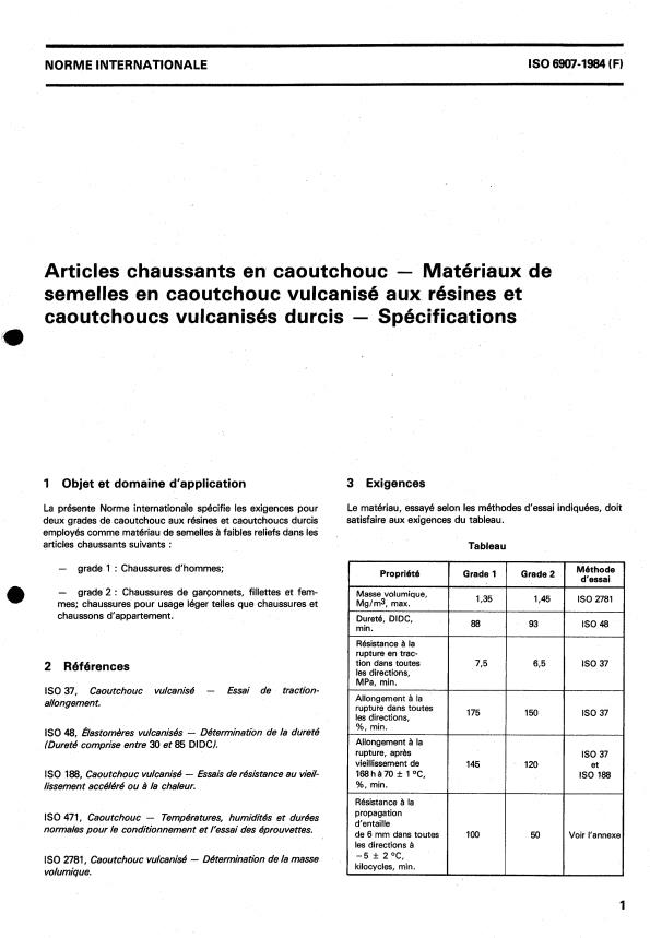 ISO 6907:1984 - Articles chaussants en caoutchouc -- Matériaux de semelles en caoutchouc vulcanisé aux résines et caoutchoucs vulcanisés durcis -- Spécifications