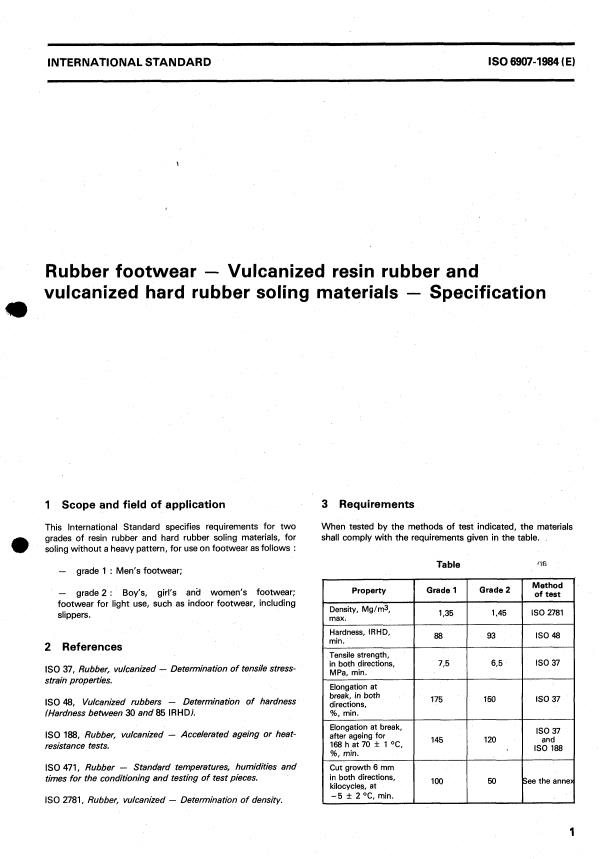 ISO 6907:1984 - Rubber footwear -- Vulcanized resin rubber and vulcanized hard rubber soling materials -- Specification