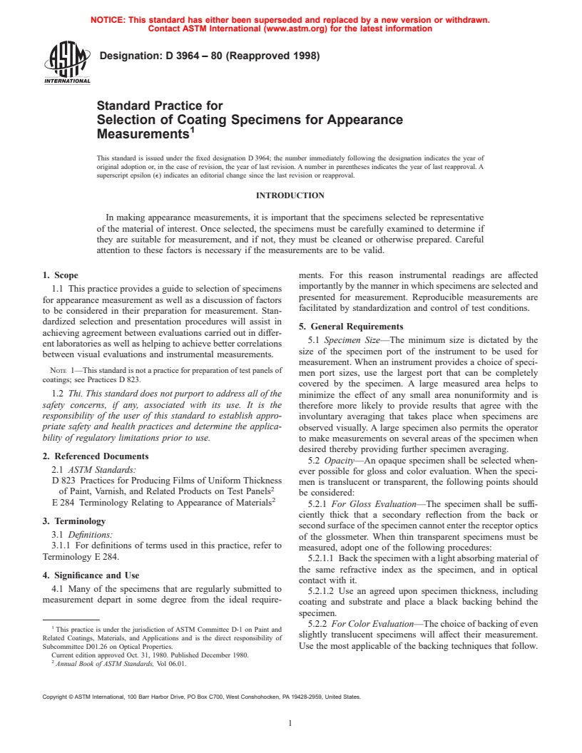 ASTM D3964-80(1998) - Standard Practice for Selection of Coating Specimens for Appearance Measurements