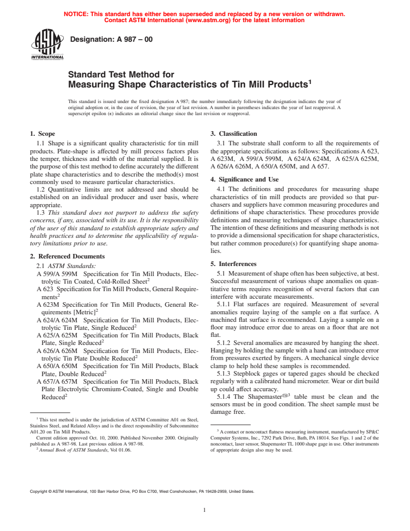 ASTM A987-00 - Standard Test Method for Measuring Shape Characteristics of Tin Mill Products