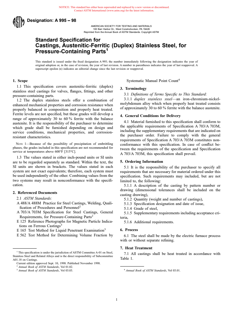 ASTM A995-98 - Standard Specification for Castings, Austenitic-Ferritic (Duplex) Stainless Steel, for Pressure-Containing Parts