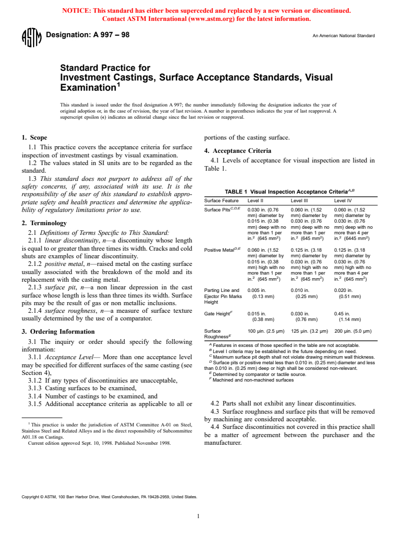 ASTM A997-98 - Standard Practice for Investment Castings, Surface Acceptance Standards, Visual Examination