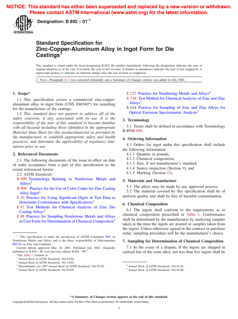 ASTM B892-01e1 - Standard Specification for Zinc - Copper - Aluminum in Ingot Form for Die Castings