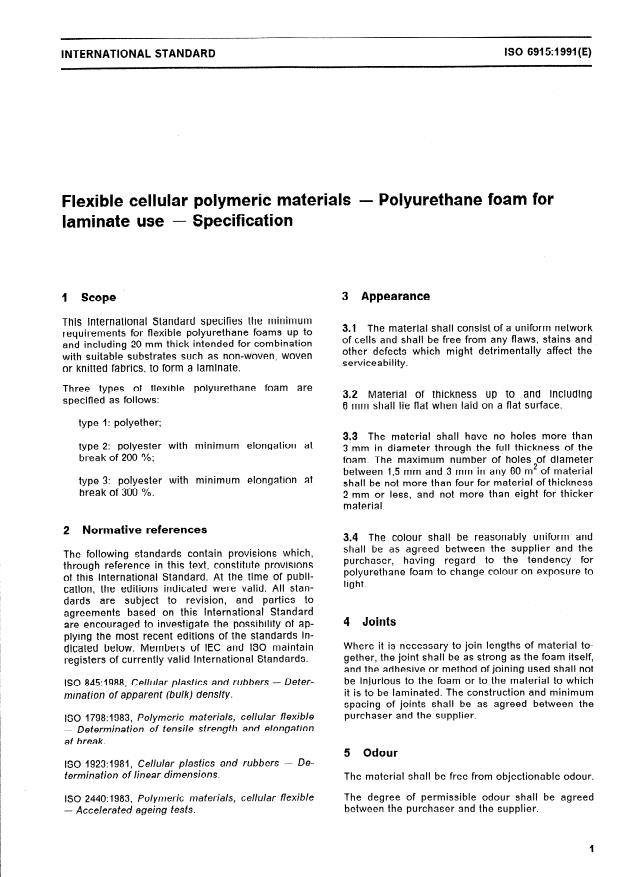 ISO 6915:1991 - Flexible cellular polymeric materials -- Polyurethane foam for laminate use -- Specification