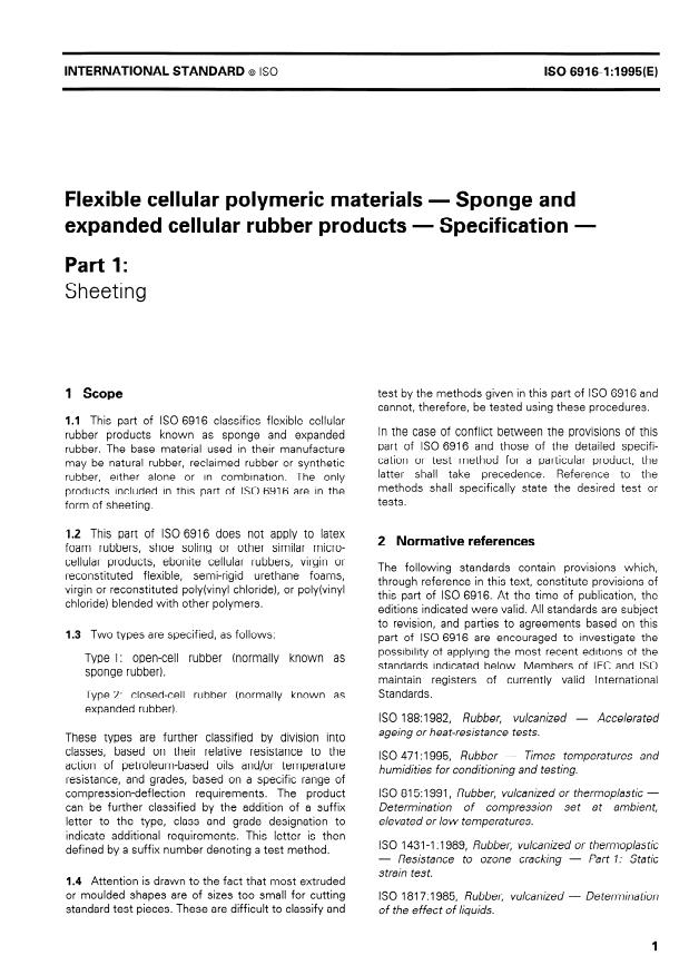 ISO 6916-1:1995 - Flexible cellular polymeric materials -- Sponge and expanded cellular rubber products -- Specification
